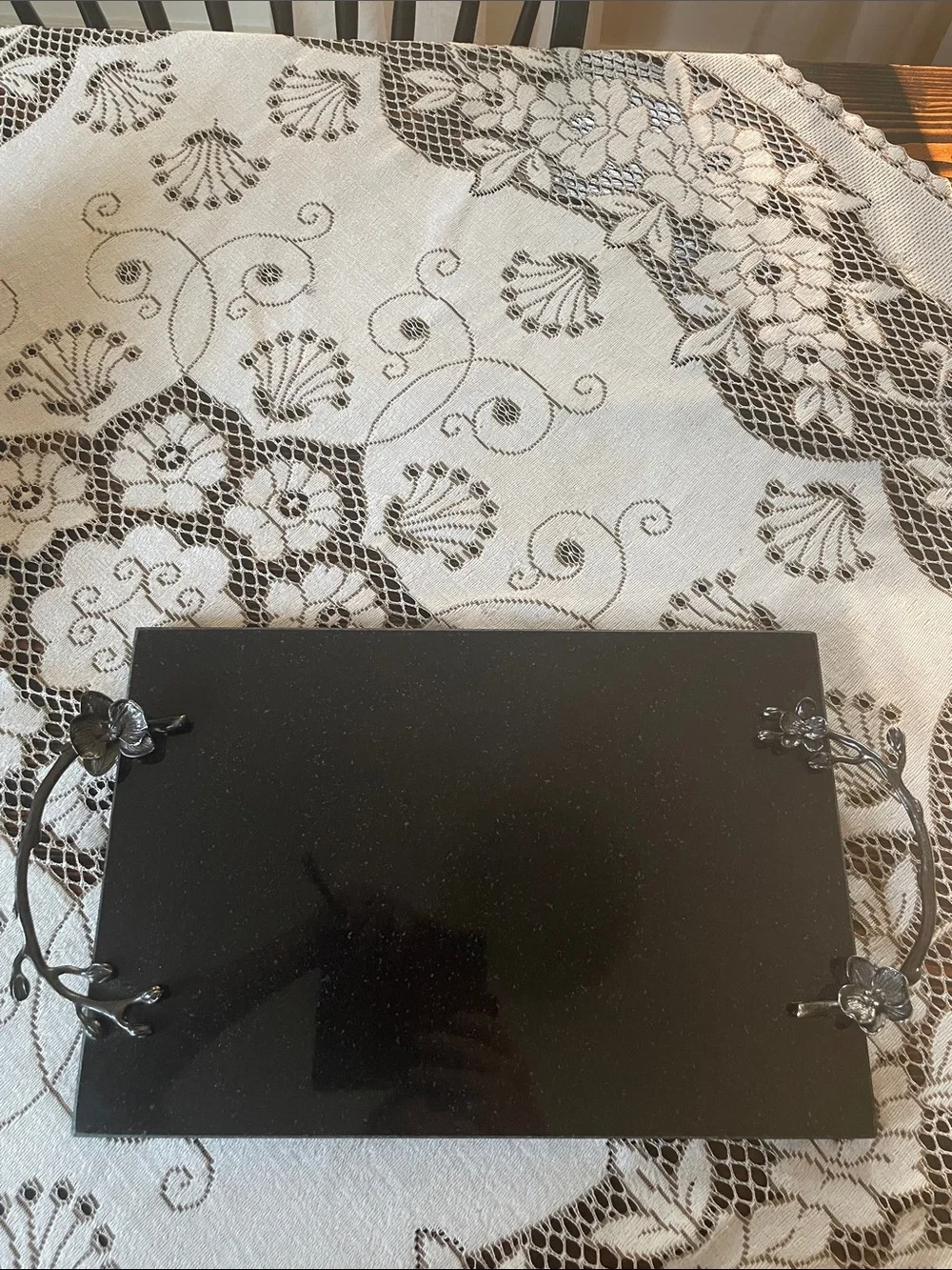 Michael Aram Black Nickel Plate Blossom Handle Granite Cheese Board Serving Tray